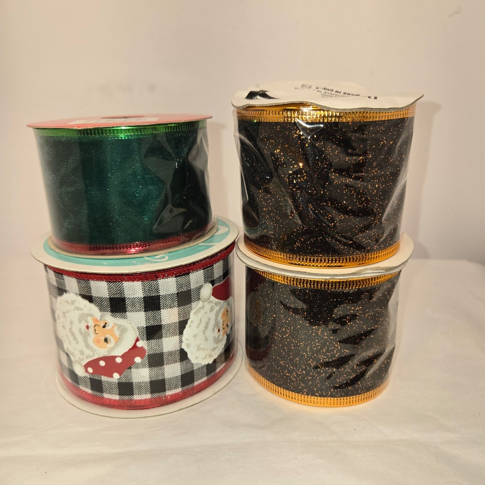 Christmas Decorative Ribbon Lot Santa Buffalo Plaid Green Sheer Black Gold 4ct
